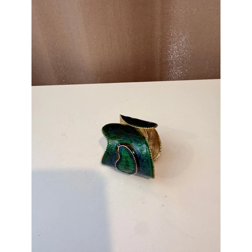 Green Blue Enamel Paisley Hinged Cuff Bracelet Gold Tone Statement Wide Band